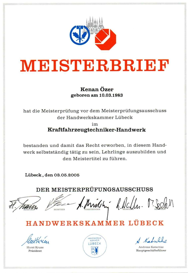 Meisterbrief Kenan Özer. KFZ-Meister als ihr Sachverständiger.