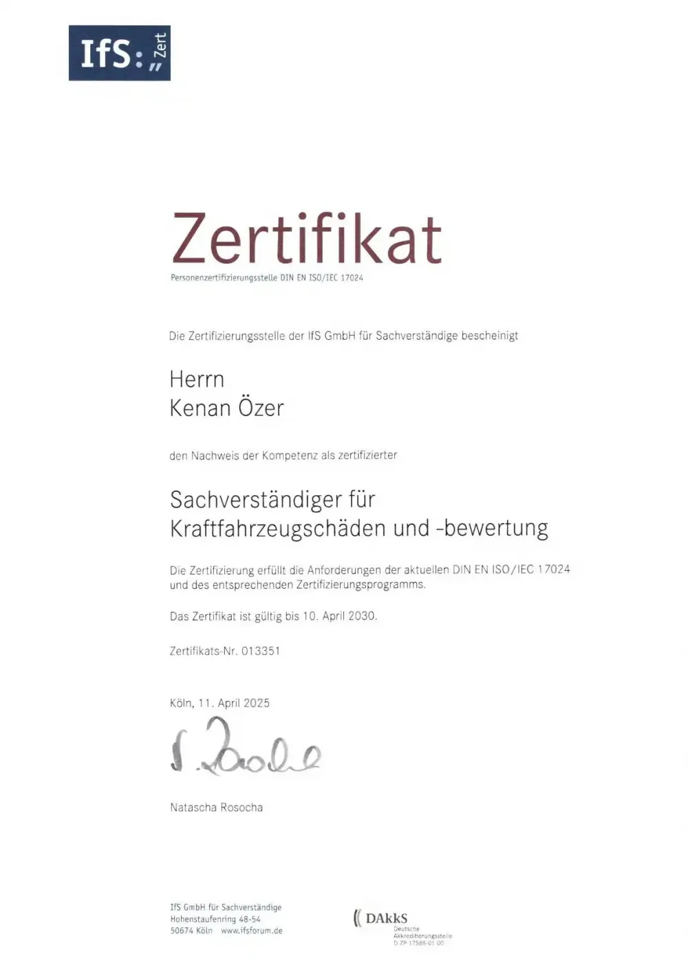 IFS Zertifizierter Gutachter / Sachverständiger.